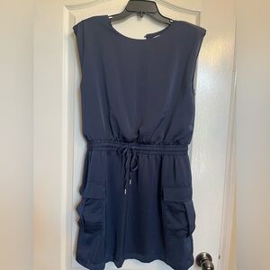 Sleeveless Navy Drawstring Mini Dress with Patch Pockets